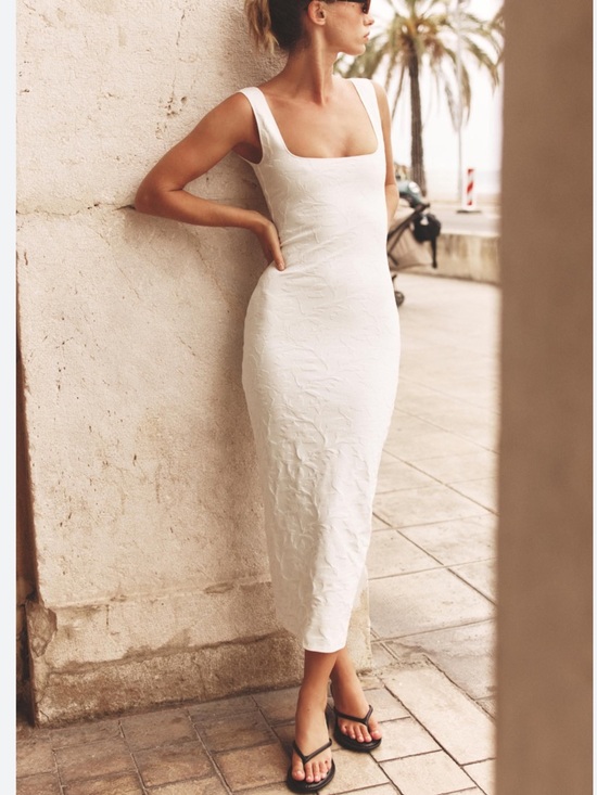 Zara Dresses & Skirts - Zara White Floral Embossed Print Square-Neck Midi Bodycon Tank Dress Large